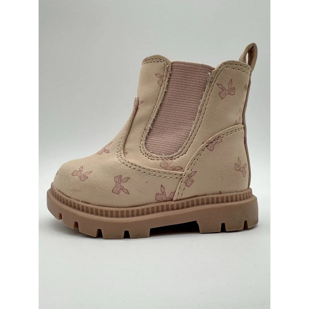 Toddler Girls Chelsea Boots Size 3 Pink Bow Print Side Zip Casual